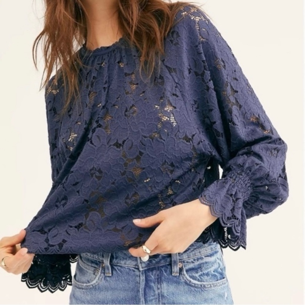 Free People Olivia Lace Balloon Sleeve Top in Navy